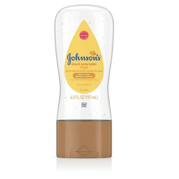 Johnson's baby oil gel with shea and cocoa butter bottle.