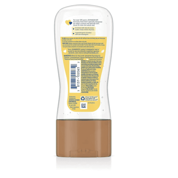 Johnson's baby oil gel with shea and cocoa butter bottle back.