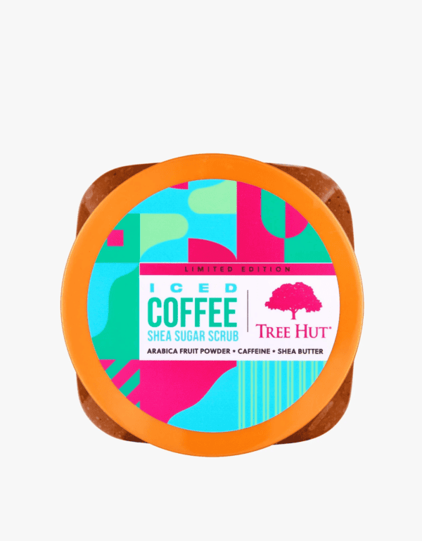 Top view of a tub of tree hut iced coffee shea sugar scrub.