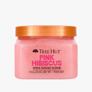 A tub of tree hut pink hibiscus shea sugar scrub.