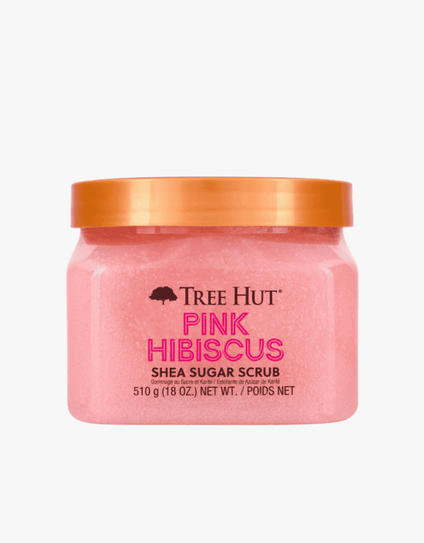 A tub of tree hut pink hibiscus shea sugar scrub.