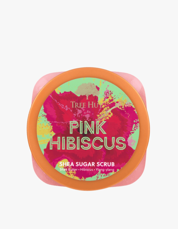 Top of a tub of tree hut pink hibiscus shea sugar scrub.