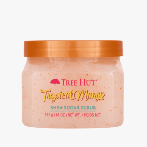 A tub of tree hut tropical mango scented shea sugar scrub.