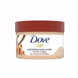 Jar of dove exfoliating body polish brown sugar coconut butter scent, 298g.