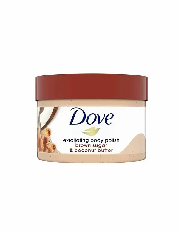 Jar of dove exfoliating body polish brown sugar coconut butter scent, 298g.