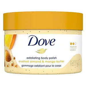 Jar of dove exfoliating body polish crushed almond and mango butter scent, 298g.