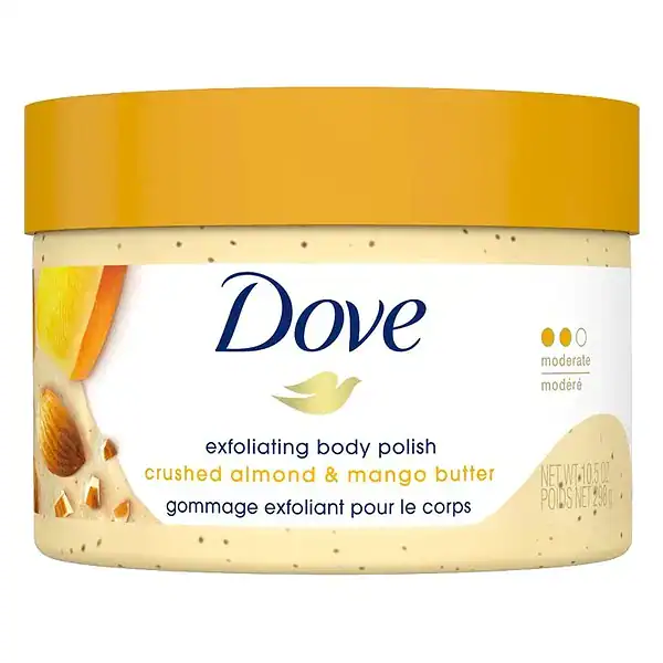 Jar of dove exfoliating body polish crushed almond and mango butter scent, 298g.