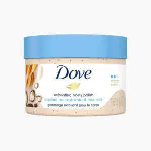 Jar of dove exfoliating body polish crushed macadamia and rice milk scent, 298g.