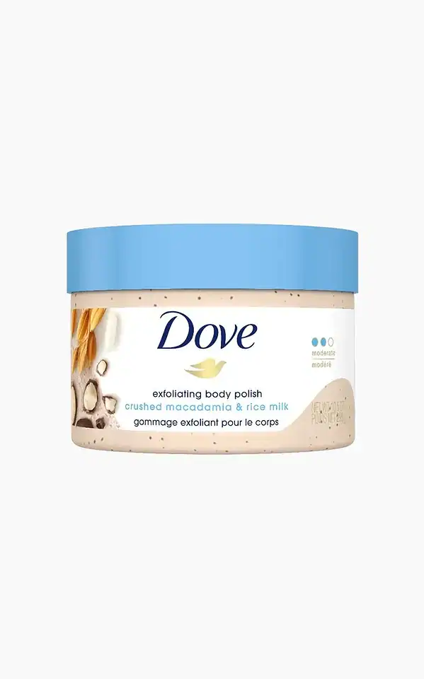 Jar of dove exfoliating body polish crushed macadamia and rice milk scent, 298g.