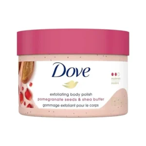 Jar of dove exfoliating body polish pomegranate seeds and shea butter scent, 298g.
