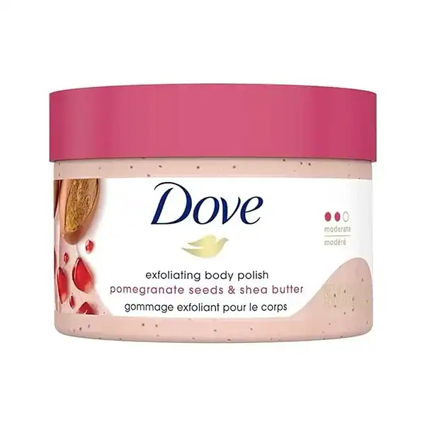Jar of dove exfoliating body polish pomegranate seeds and shea butter scent, 298g.