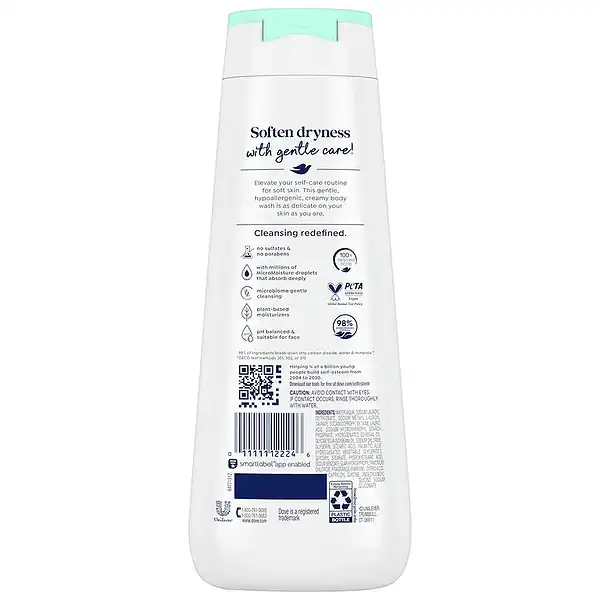 Back of a bottle of dove sensitive skin hypoallergenic body wash.