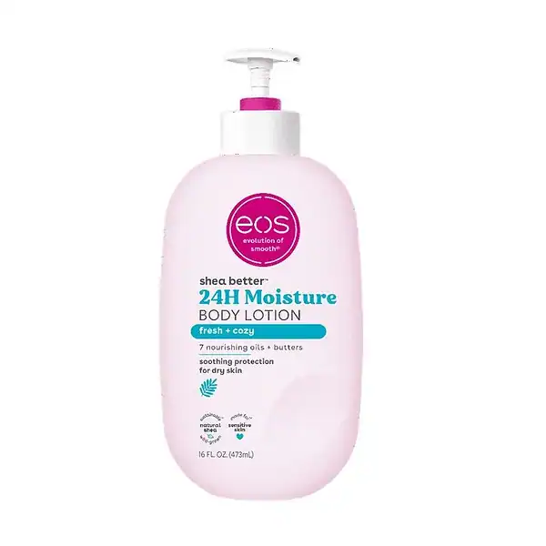 Bottle of EOS fresh and cozy scented body lotion, 473ml.