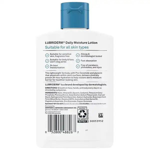 Back of a bottle of lubriderm fragrance free daily moisture lotion, 177ml.