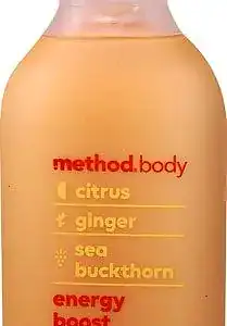 Bottle of Method energy boost citrus ginger sea buckthorn scented body wash, 532ml.