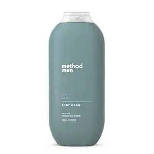 Bottle of method men juniper and sage scented body wash, 532ml.
