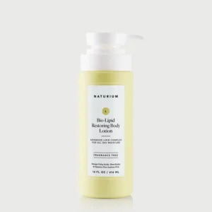 Pump bottle of naturium bio lipid restoring fragrance free body lotion, 414ml.