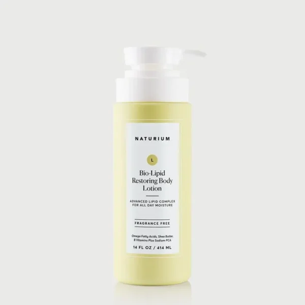 Pump bottle of naturium bio lipid restoring fragrance free body lotion, 414ml.