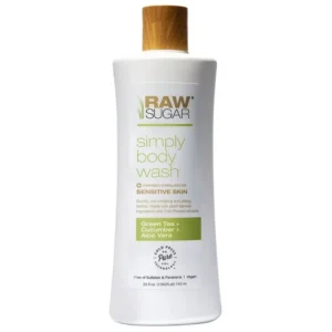 Bottle of Raw Sugar green tea, cucumber, aloe vera scented sensitive skin body wash, 740ml.