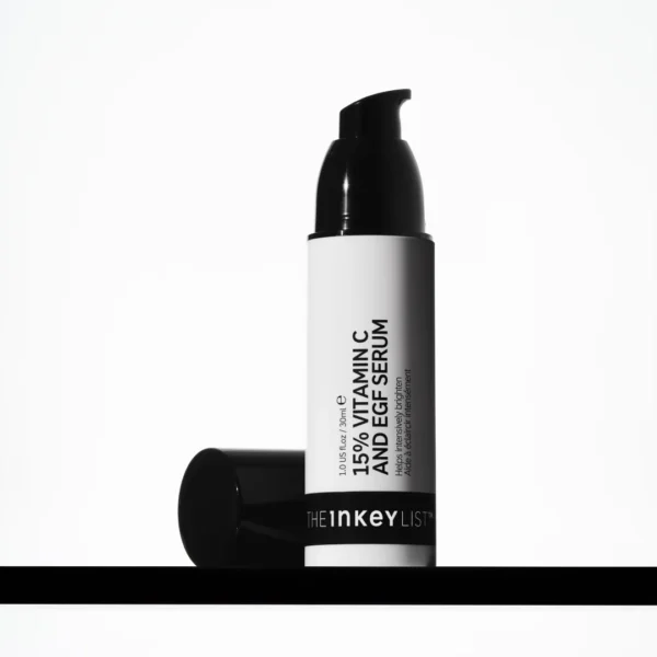 Pump bottle of the inkey list 15 percent vitamin c and egf serum, 30ml.