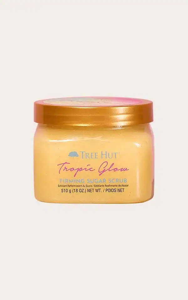 Jar of tree hut firming sugar scrub tropic glow scent, 510g.