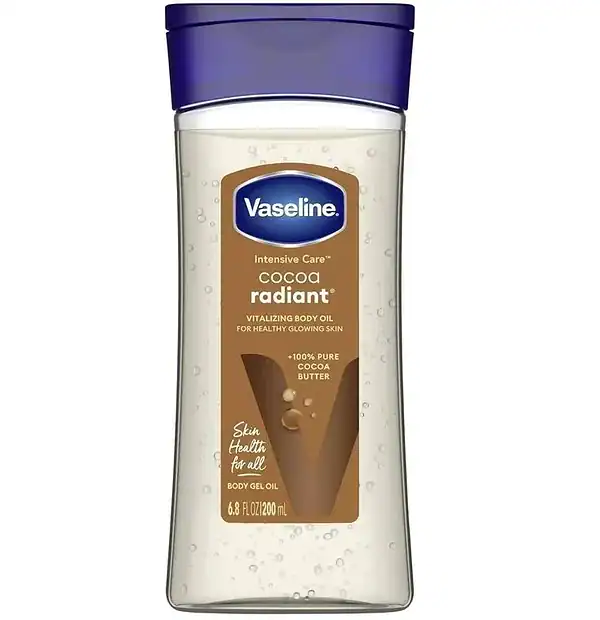 Bottle of vaseline cocoa butter scented cocoa radiant body gel oil, 200ml.